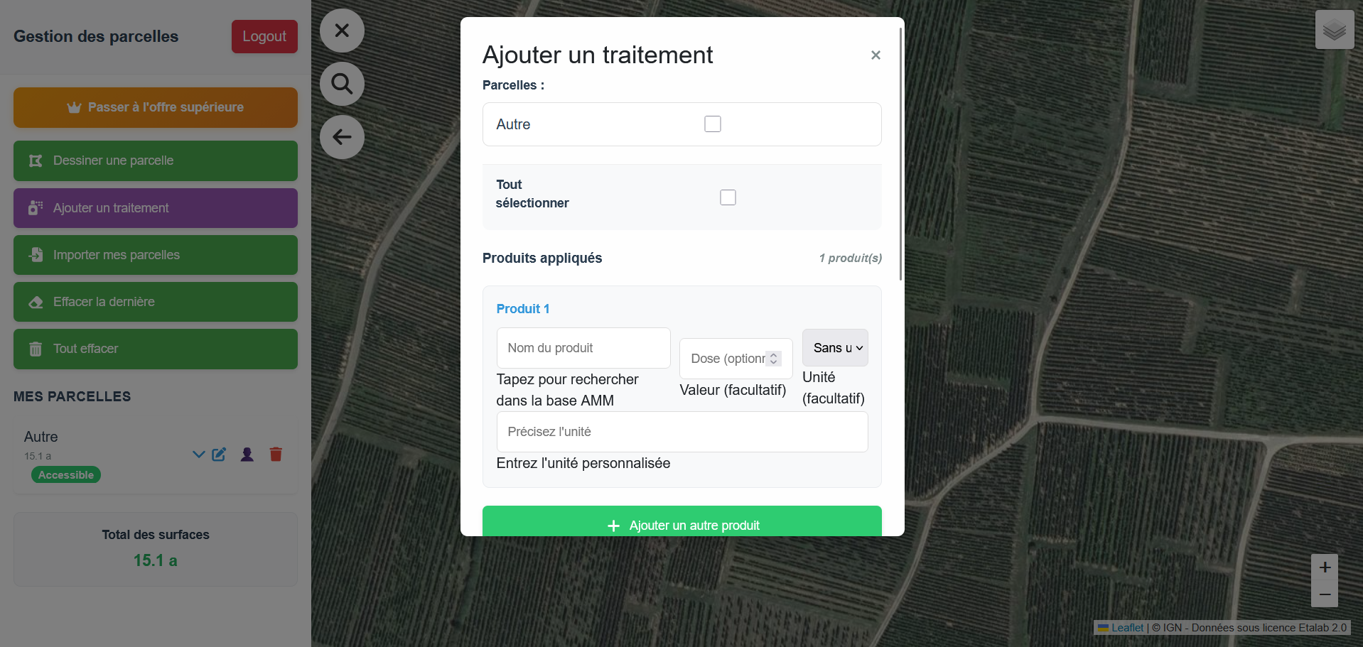 Ajout d'un traitement - sélection des parcelles