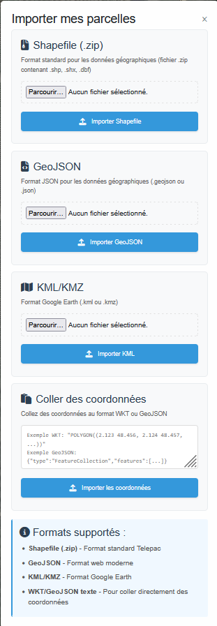 Fenêtre d'import de parcelles